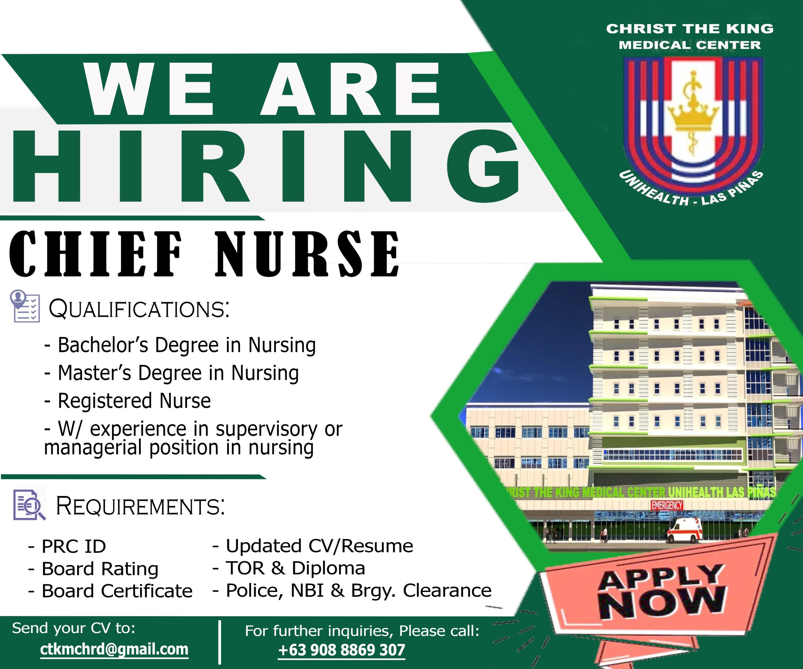 Chief Nurse : Christ the King Medical Center Unihealth Las Pinas