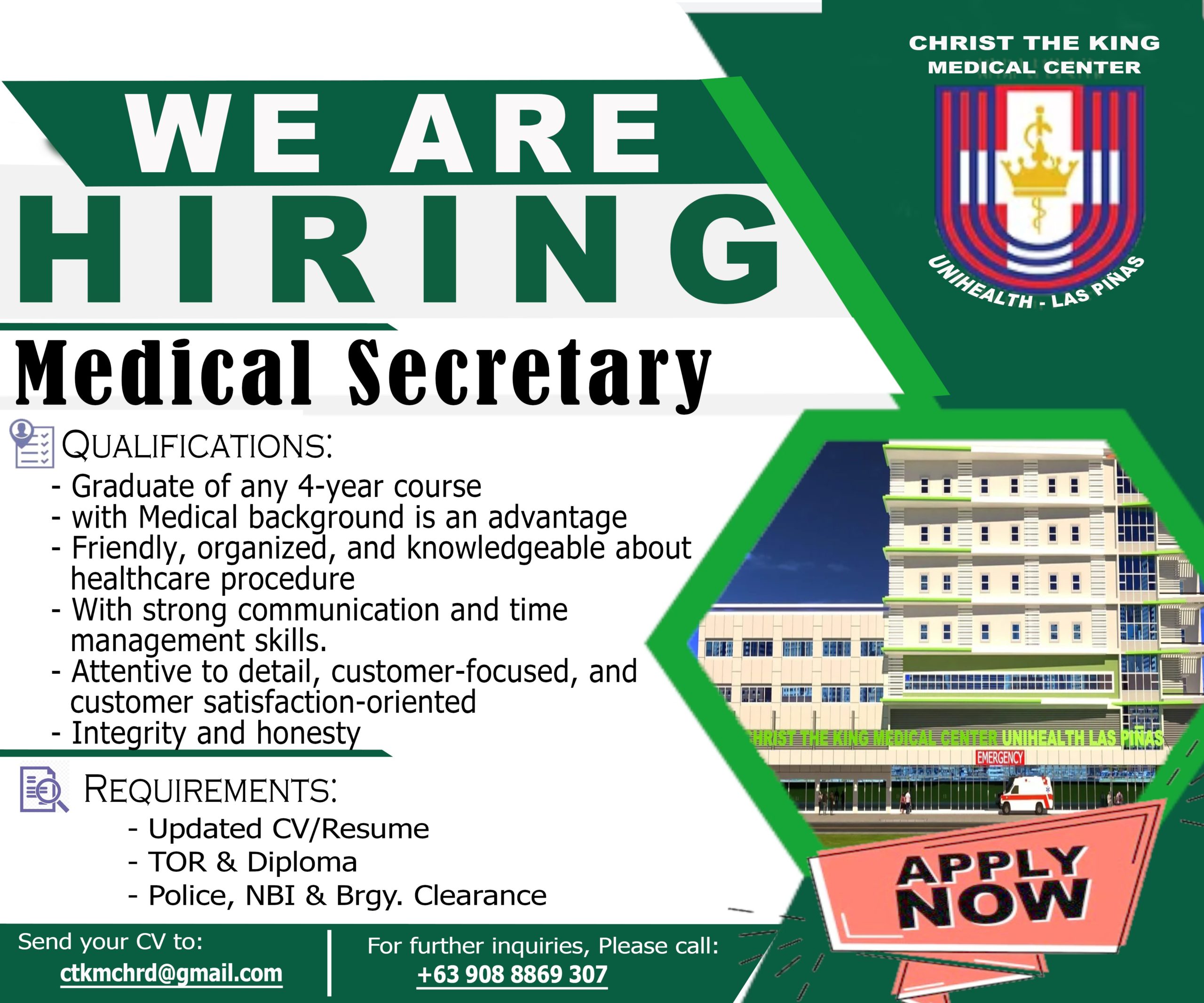 Medical Secretary : Christ the King Medical Center Unihealth Las Pinas